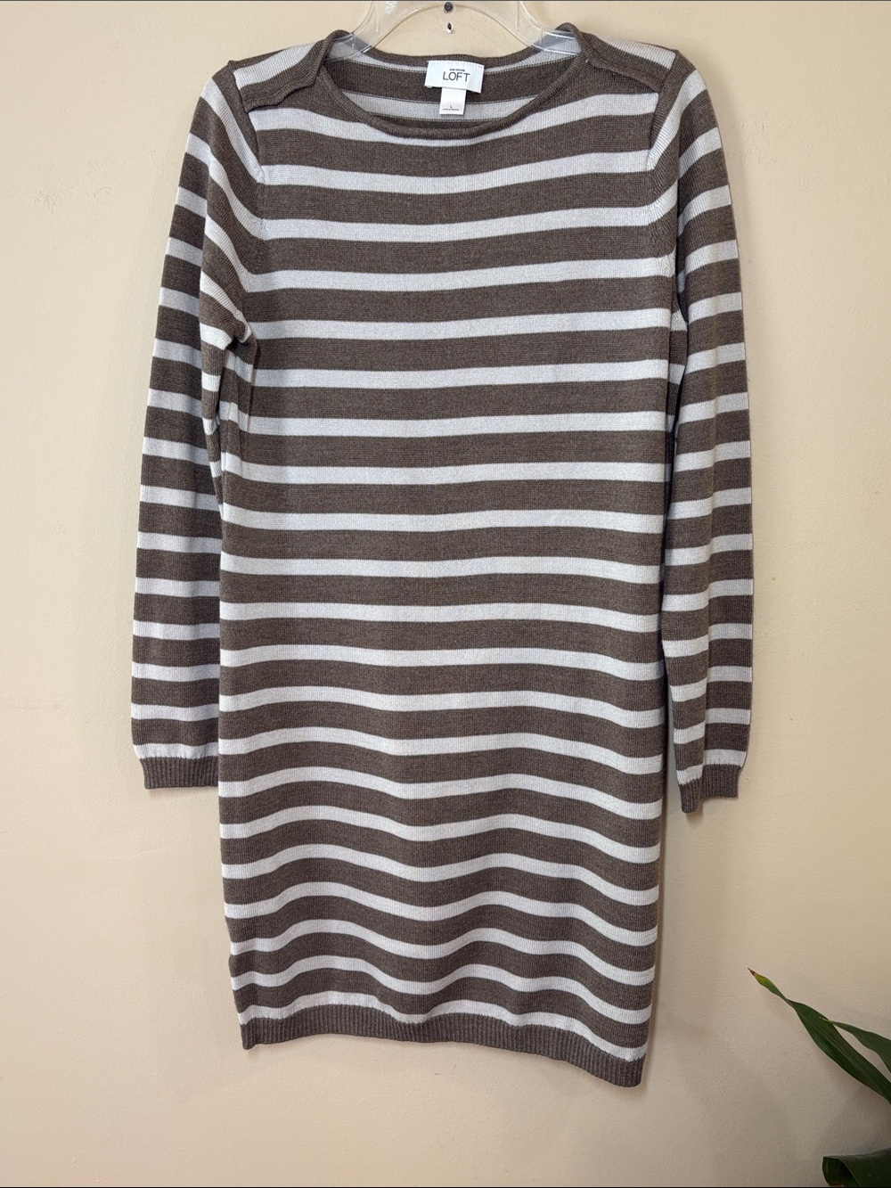 LOFT Brown and Cream Striped Long Sleeve Sweater Dress